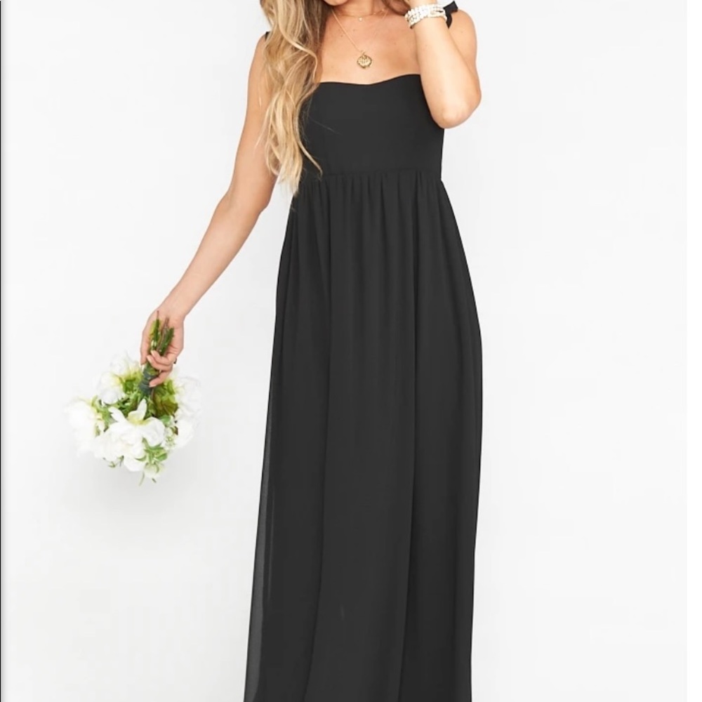 Black chiffon Show Me Your Mumu bridesmaid dress